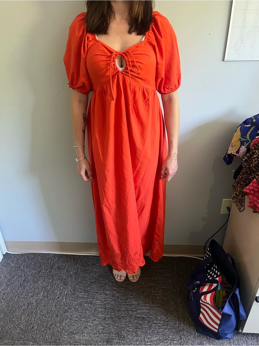 Puff-Sleeve Keyhole Maxi Dress in Bright Orange